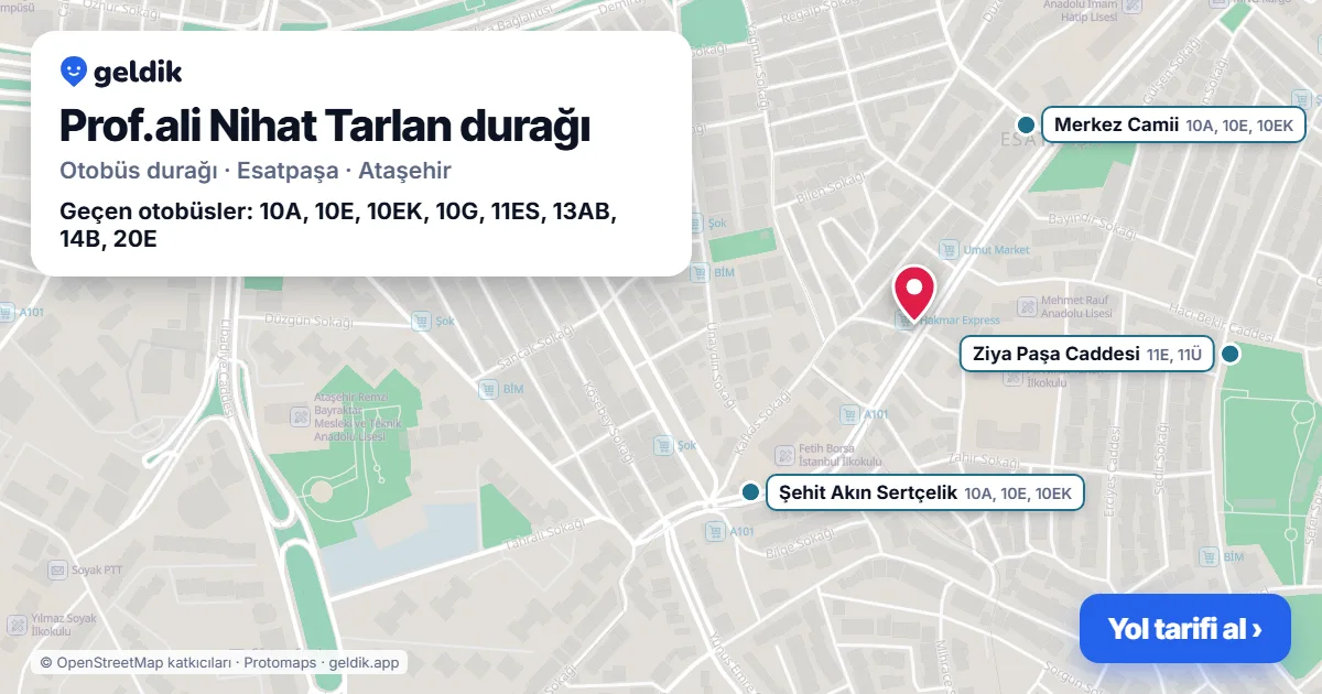 Prof.ali Nihat Tarlan otobüs durağı haritada: konumu ve yakındaki duraklar