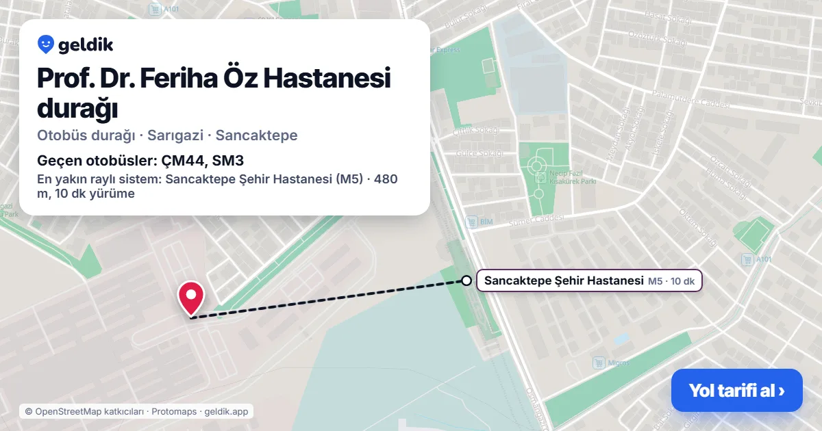 Prof. Dr. Feriha Öz Hastanesi otobüs durağı haritada: konumu ve yakındaki duraklar