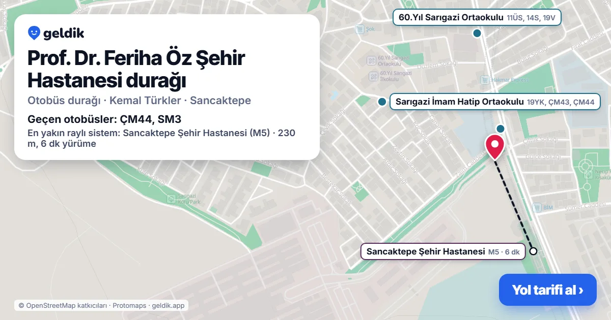 Prof. Dr. Feriha Öz Şehir Hastanesi otobüs durağı haritada: konumu ve yakındaki duraklar