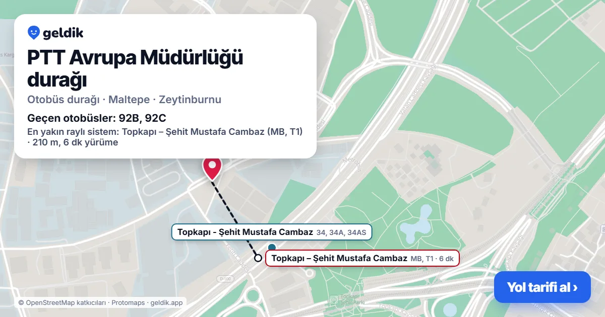 PTT Avrupa Müdürlüğü otobüs durağı haritada: konumu ve yakındaki duraklar