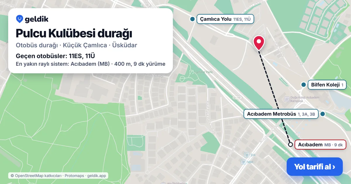 Pulcu Kulübesi otobüs durağı haritada: konumu ve yakındaki duraklar