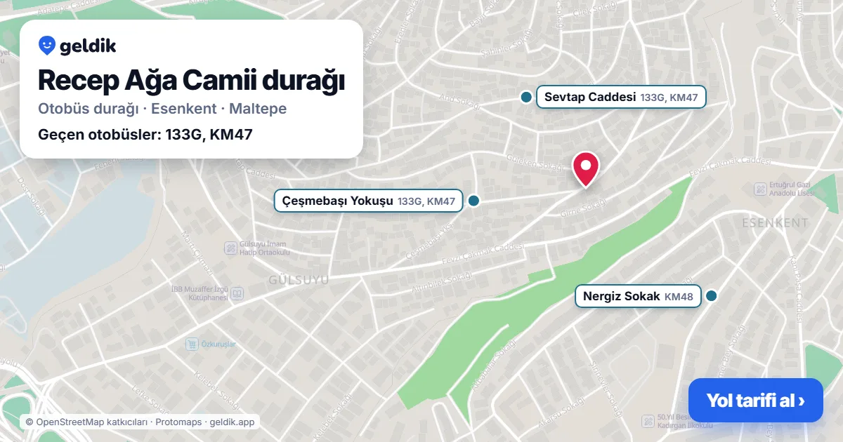 Recep Ağa Camii otobüs durağı haritada: konumu ve yakındaki duraklar