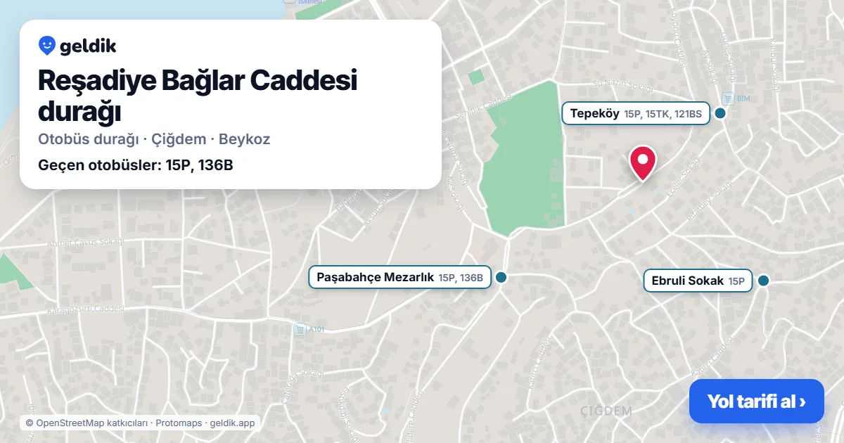 Reşadiye Bağlar Caddesi otobüs durağı haritada: konumu ve yakındaki duraklar