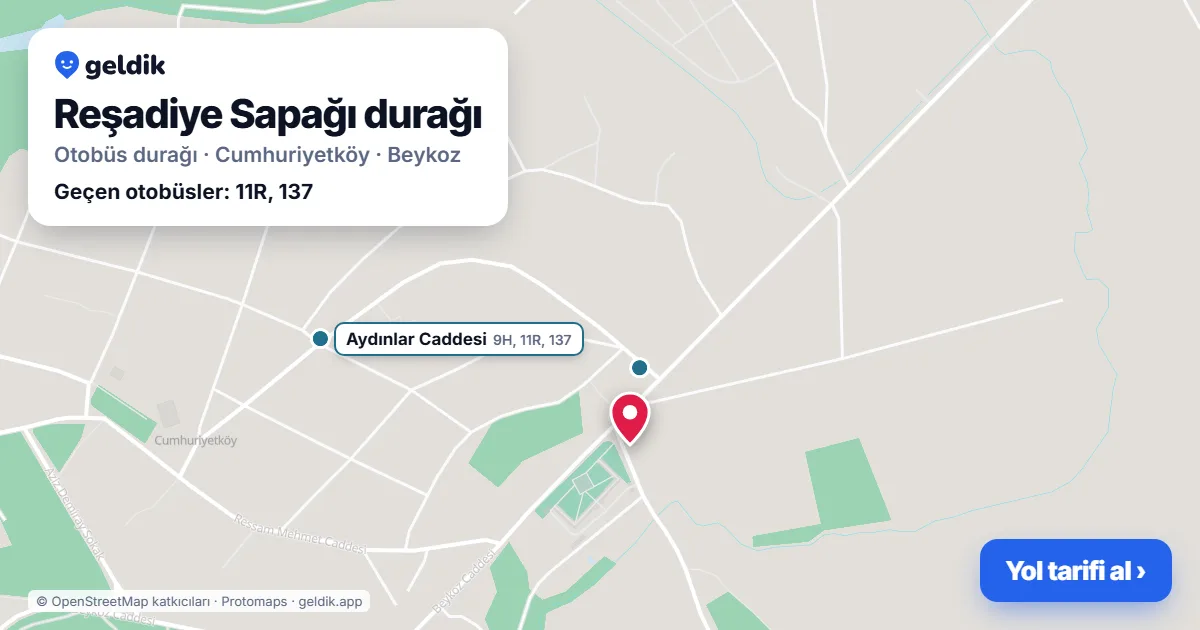Reşadiye Sapağı otobüs durağı haritada: konumu ve yakındaki duraklar
