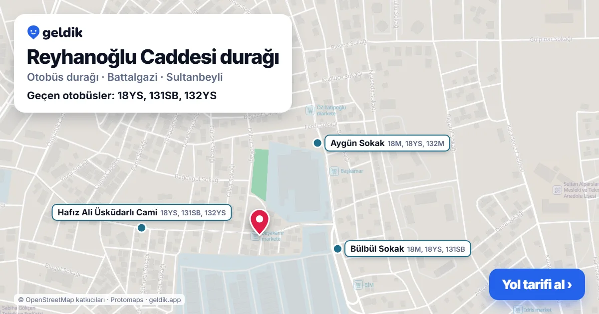 Reyhanoğlu Caddesi otobüs durağı haritada: konumu ve yakındaki duraklar
