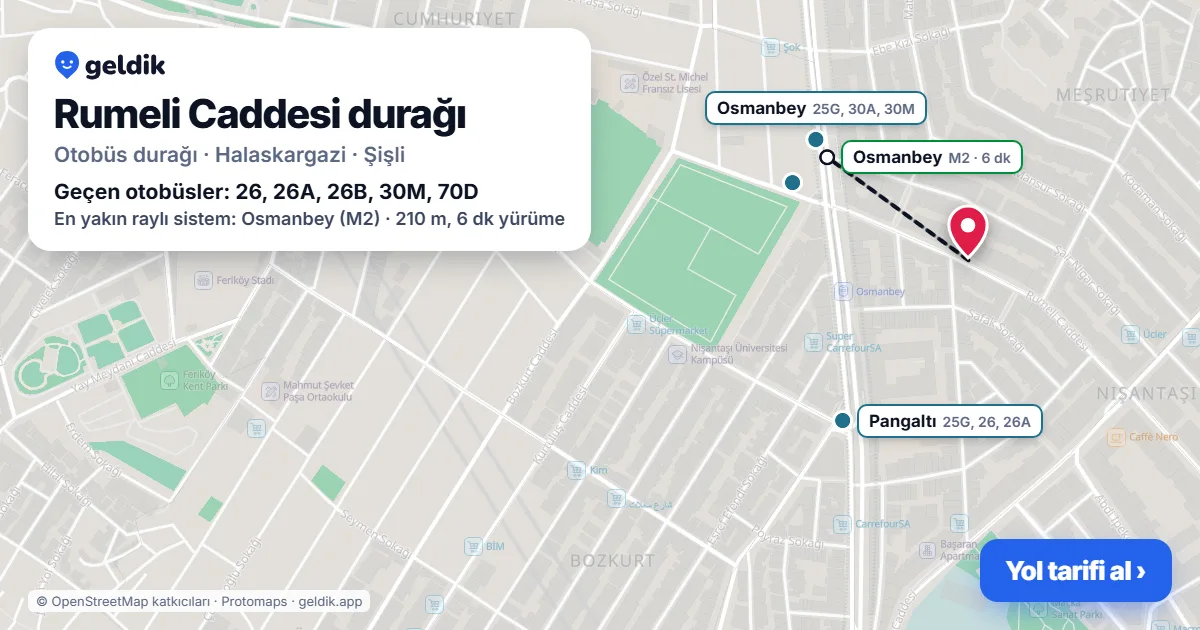 Rumeli Caddesi otobüs durağı haritada: konumu ve yakındaki duraklar