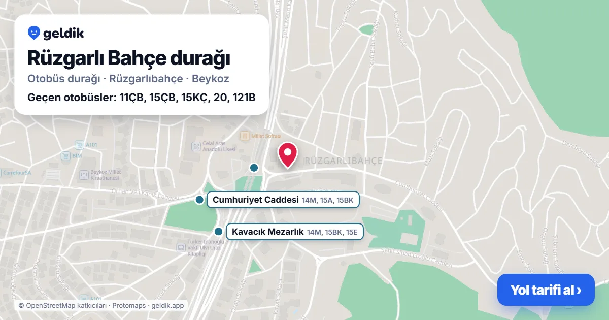 Rüzgarlı Bahçe otobüs durağı haritada: konumu ve yakındaki duraklar