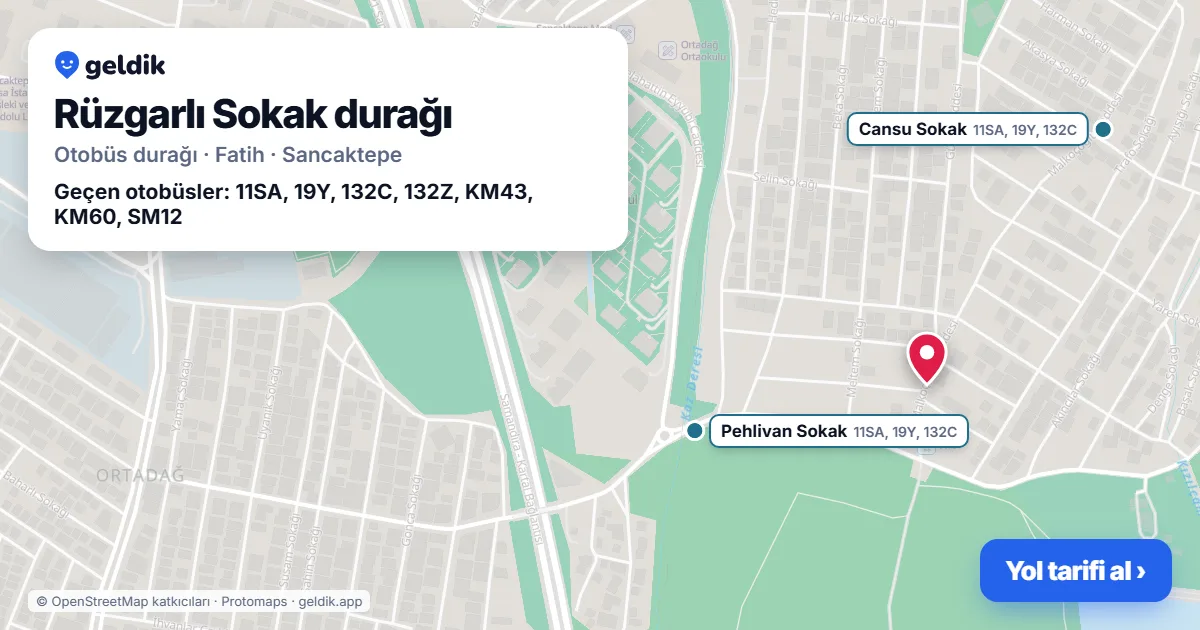 Rüzgarlı Sokak otobüs durağı haritada: konumu ve yakındaki duraklar