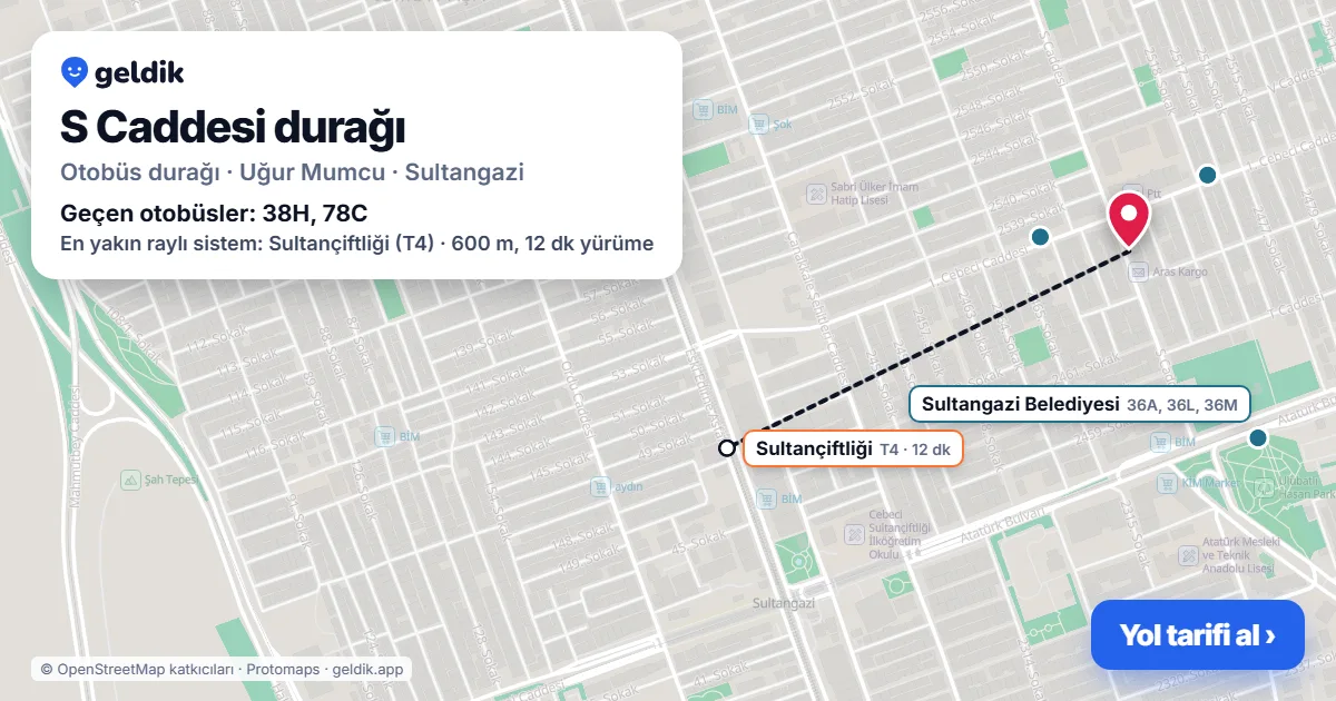 S Caddesi otobüs durağı haritada: konumu ve yakındaki duraklar