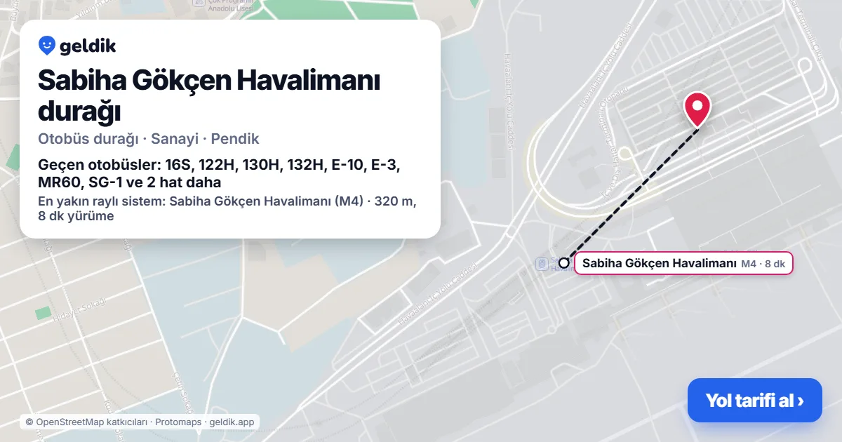 Sabiha Gökçen Havalimanı otobüs durağı haritada: konumu ve yakındaki duraklar