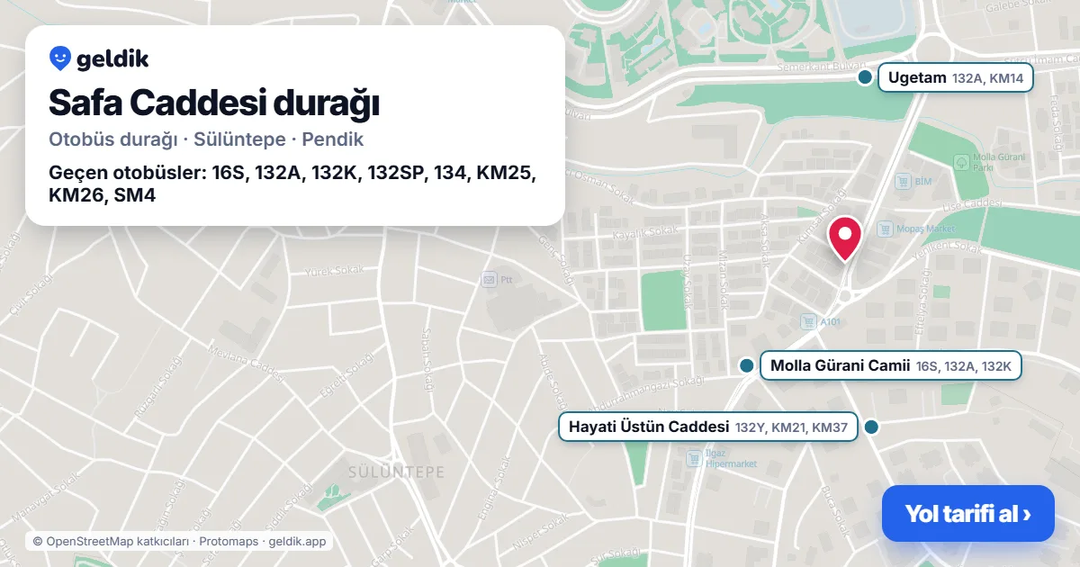 Safa Caddesi otobüs durağı haritada: konumu ve yakındaki duraklar