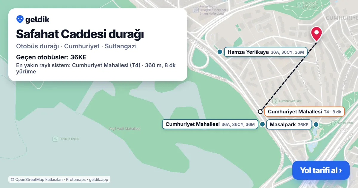 Safahat Caddesi otobüs durağı haritada: konumu ve yakındaki duraklar