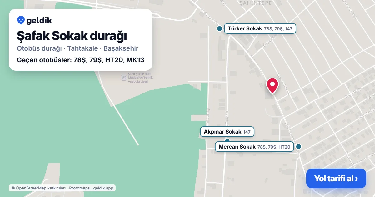 Şafak Sokak otobüs durağı haritada: konumu ve yakındaki duraklar