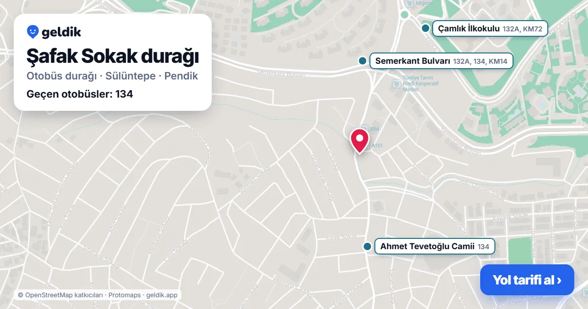 Şafak Sokak otobüs durağı haritada: konumu ve yakındaki duraklar
