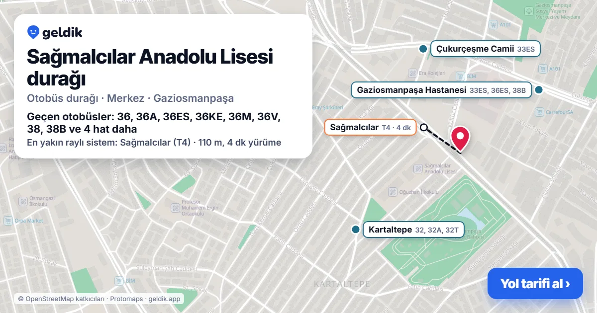 Sağmalcılar Anadolu Lisesi otobüs durağı haritada: konumu ve yakındaki duraklar