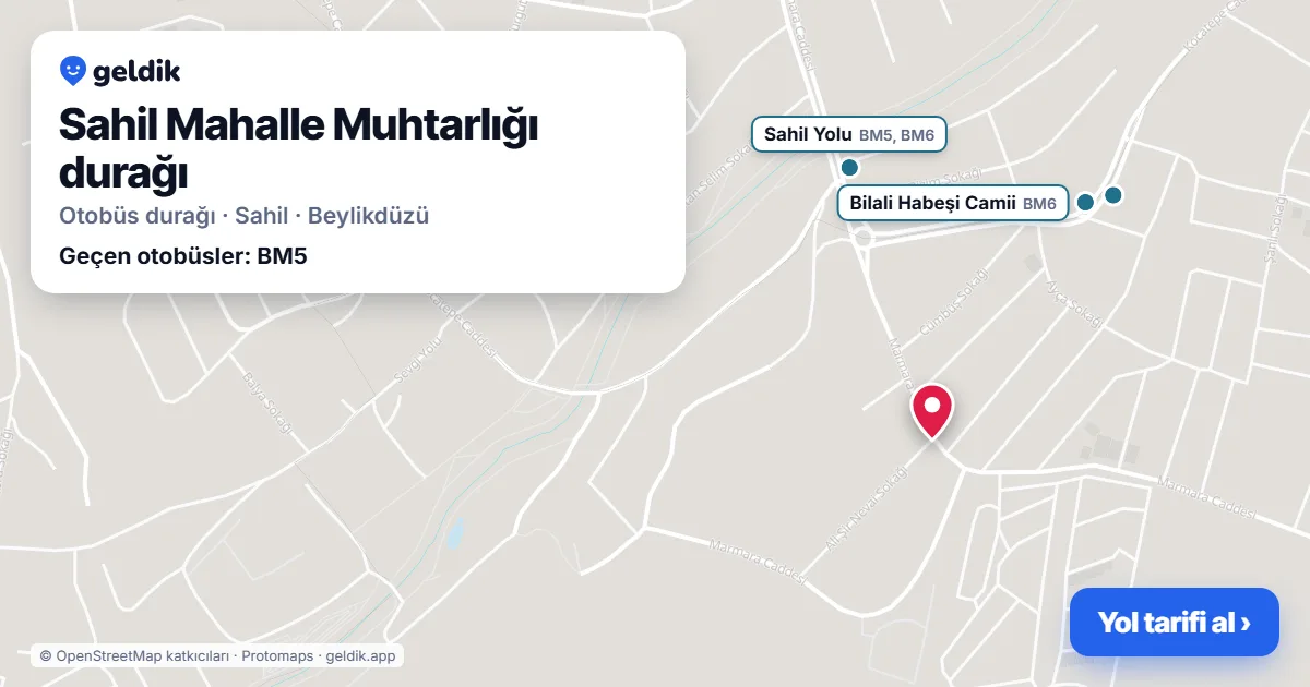 Sahil Mahalle Muhtarlığı otobüs durağı haritada: konumu ve yakındaki duraklar