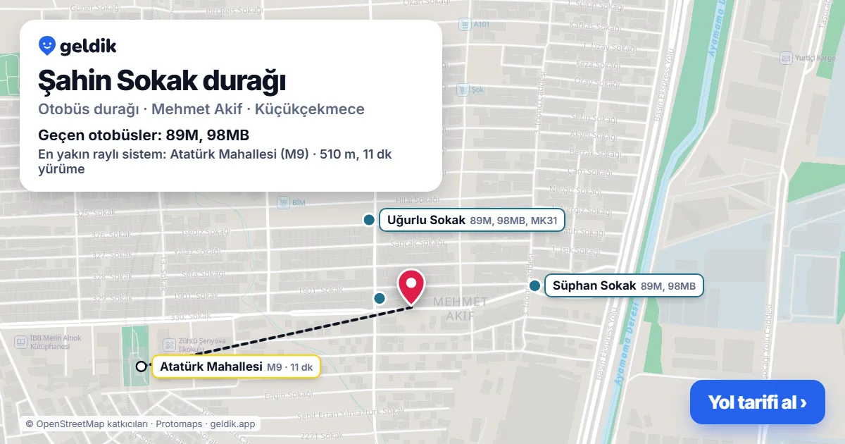 Şahin Sokak otobüs durağı haritada: konumu ve yakındaki duraklar