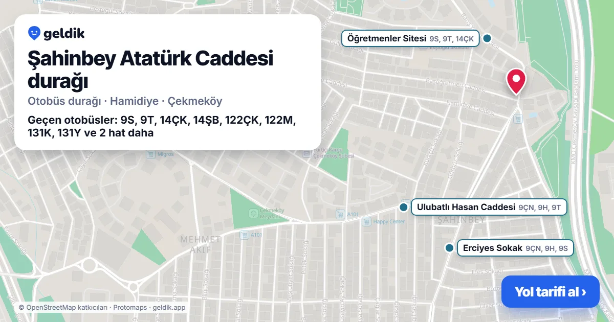 Şahinbey Atatürk Caddesi otobüs durağı haritada: konumu ve yakındaki duraklar