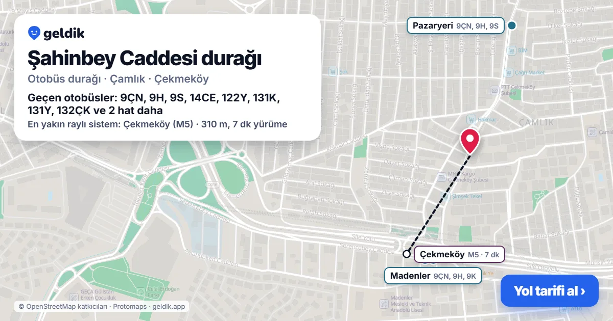 Şahinbey Caddesi otobüs durağı haritada: konumu ve yakındaki duraklar