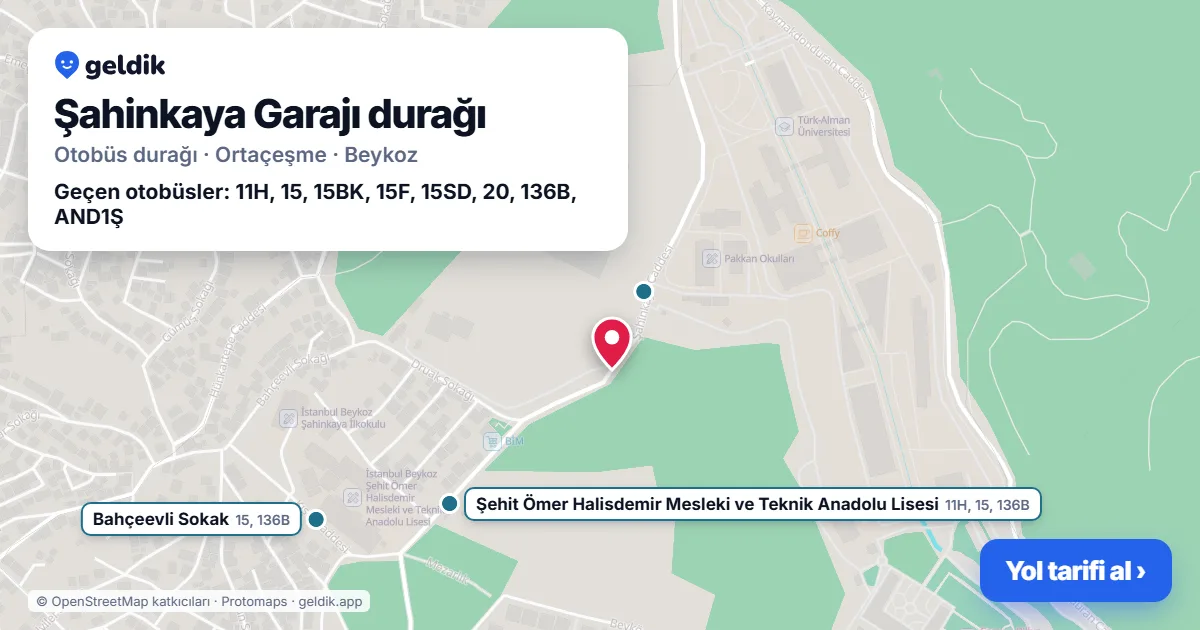 Şahinkaya Garajı otobüs durağı haritada: konumu ve yakındaki duraklar