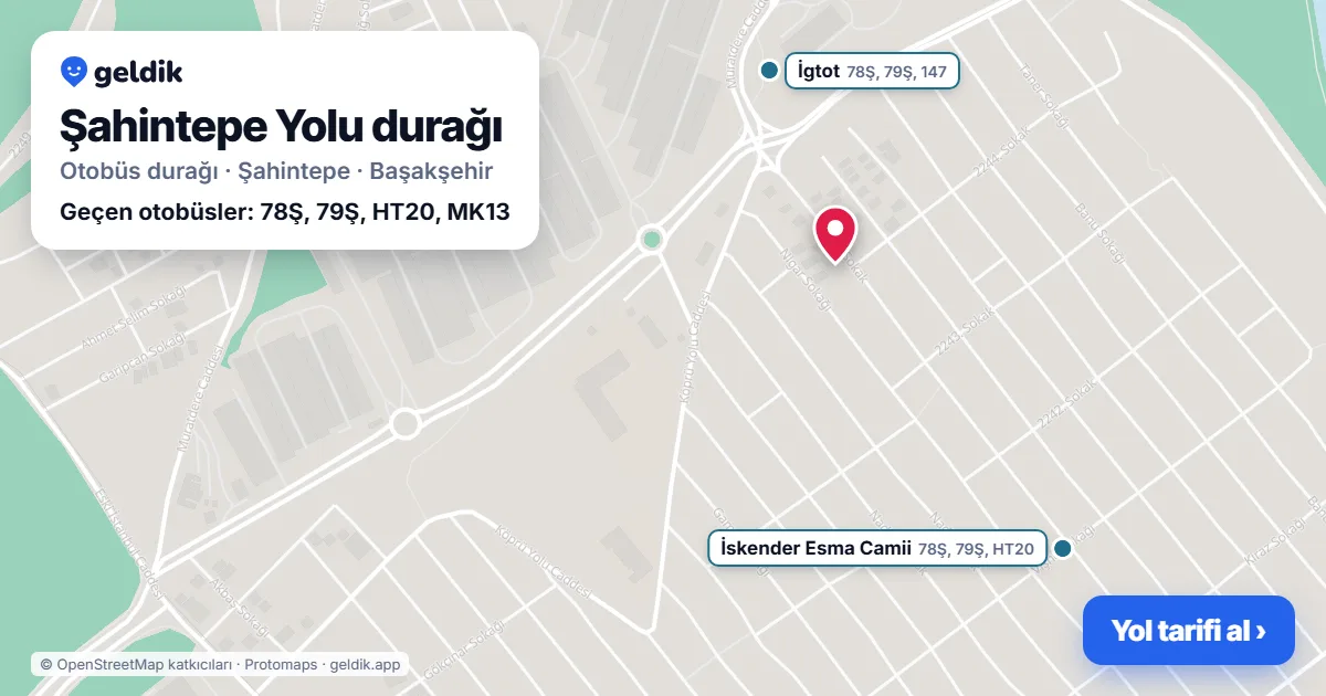 Şahintepe Yolu otobüs durağı haritada: konumu ve yakındaki duraklar