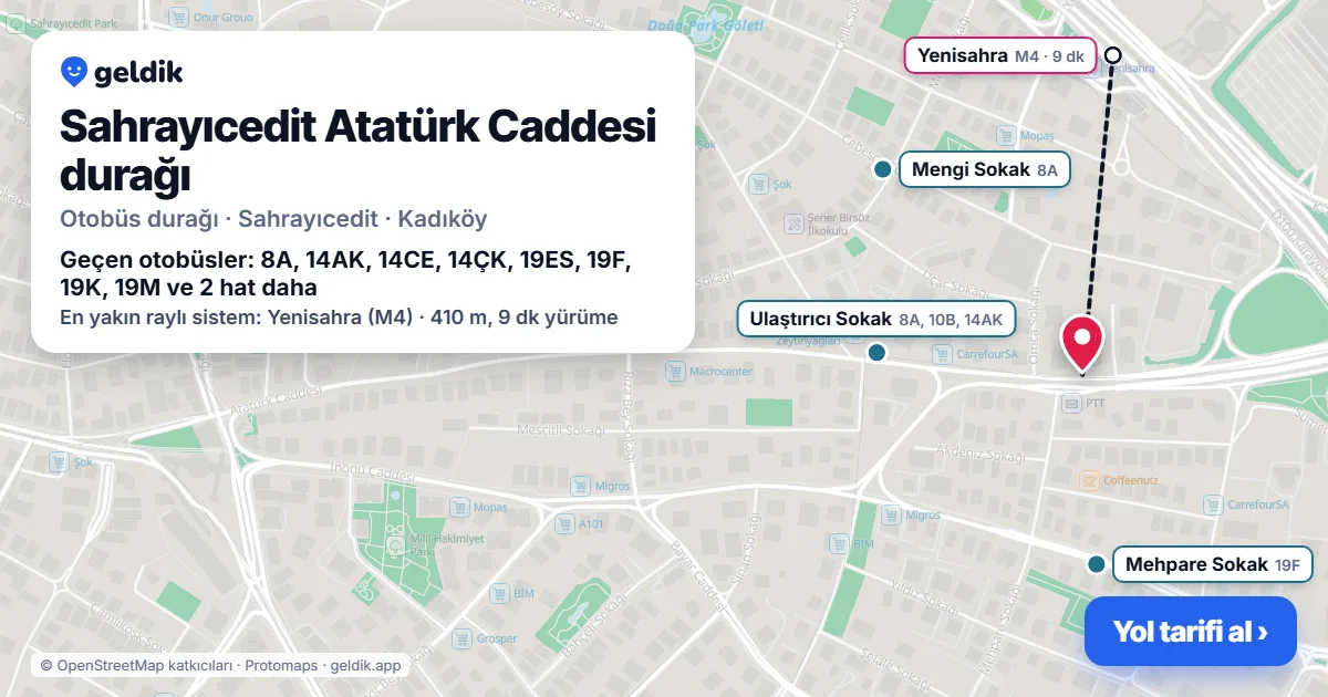 Sahrayıcedit Atatürk Caddesi otobüs durağı haritada: konumu ve yakındaki duraklar