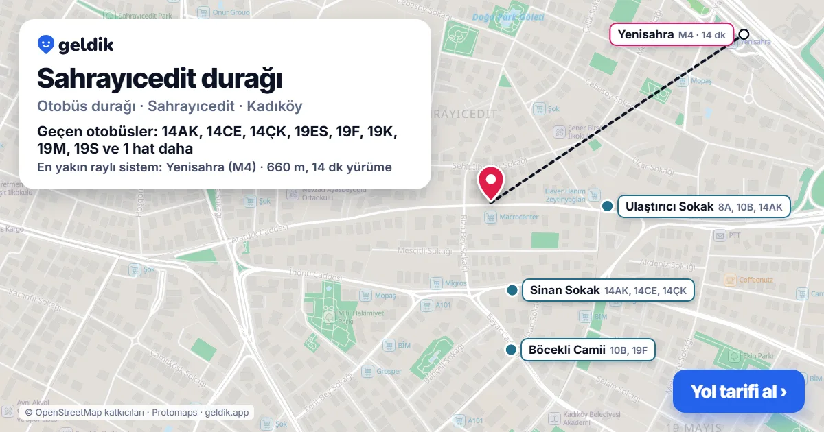 Sahrayıcedit otobüs durağı haritada: konumu ve yakındaki duraklar