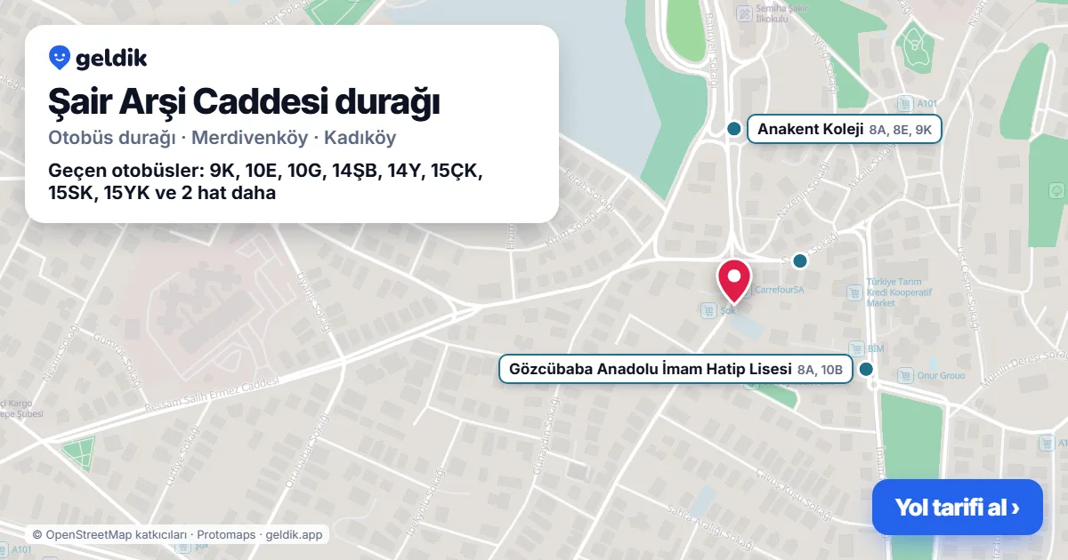 Şair Arşi Caddesi otobüs durağı haritada: konumu ve yakındaki duraklar