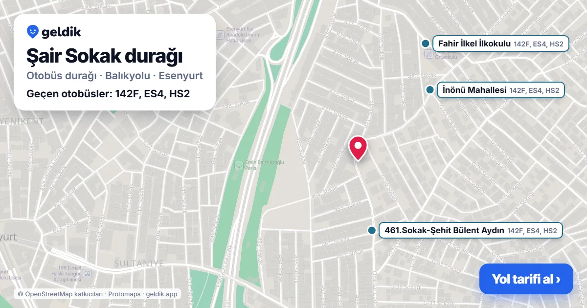 Şair Sokak otobüs durağı haritada: konumu ve yakındaki duraklar