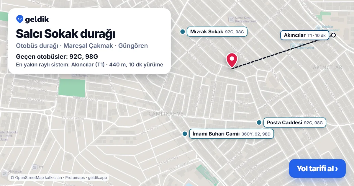 Salcı Sokak otobüs durağı haritada: konumu ve yakındaki duraklar