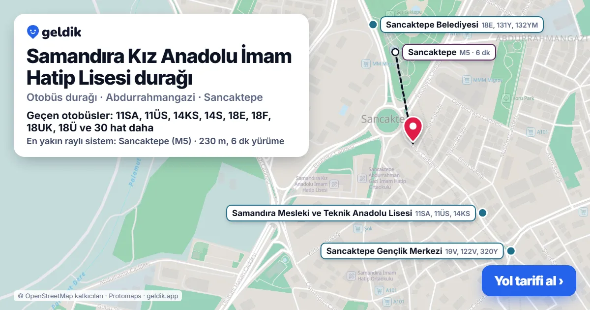 Samandıra Kız Anadolu İmam Hatip Lisesi otobüs durağı haritada: konumu ve yakındaki duraklar