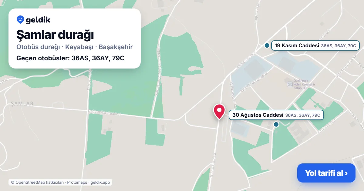 Şamlar otobüs durağı haritada: konumu ve yakındaki duraklar