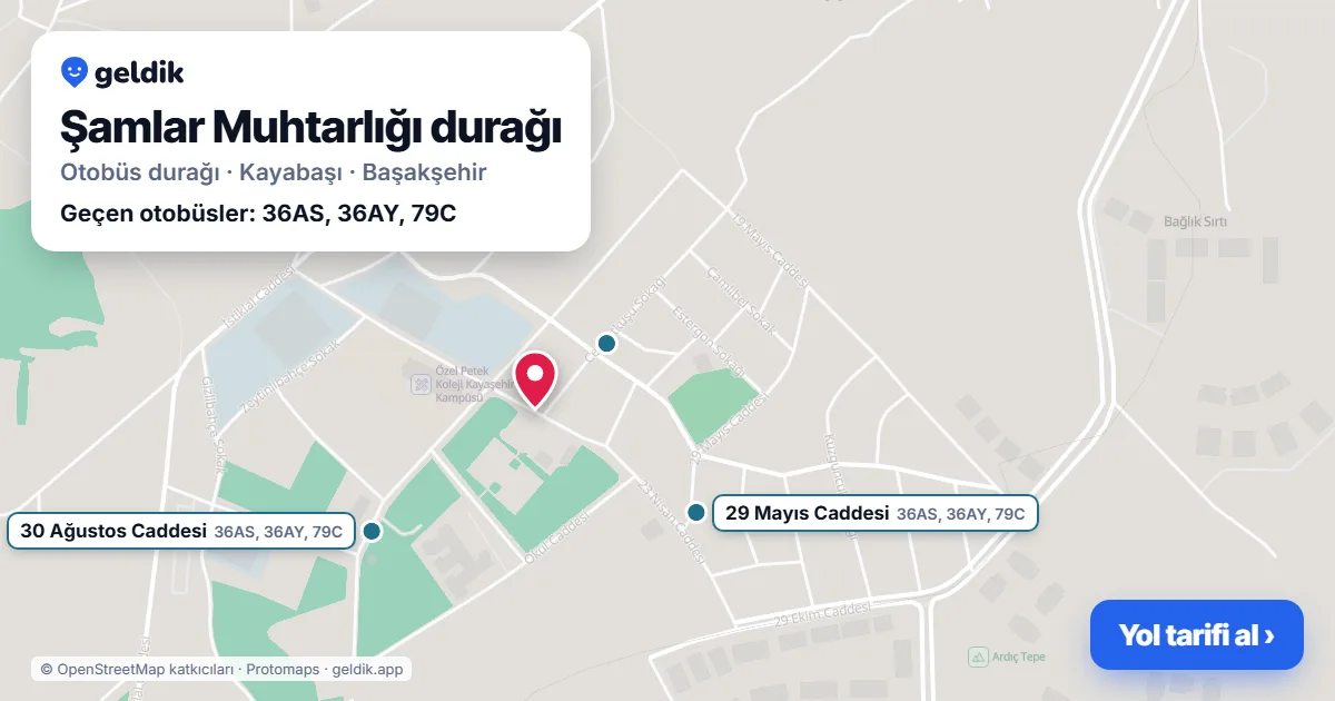 Şamlar Muhtarlığı otobüs durağı haritada: konumu ve yakındaki duraklar