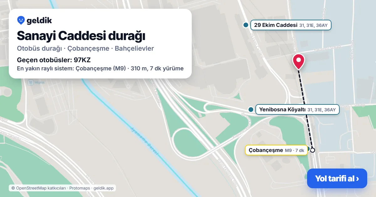 Sanayi Caddesi otobüs durağı haritada: konumu ve yakındaki duraklar