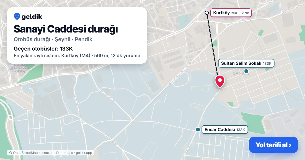 Sanayi Caddesi otobüs durağı haritada: konumu ve yakındaki duraklar