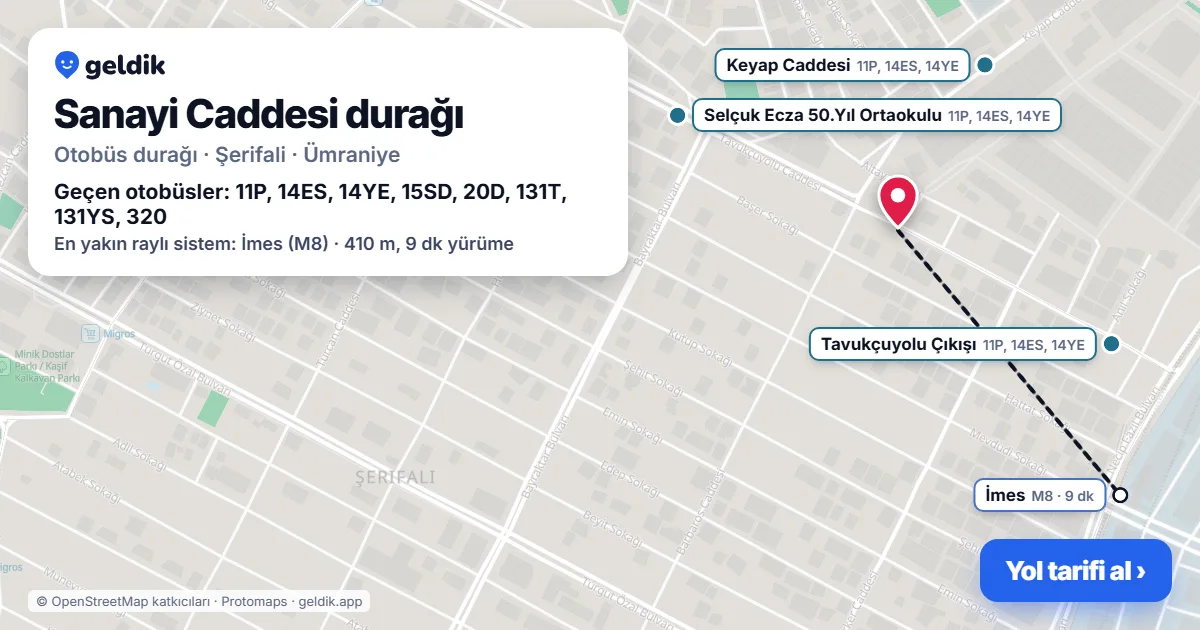 Sanayi Caddesi otobüs durağı haritada: konumu ve yakındaki duraklar