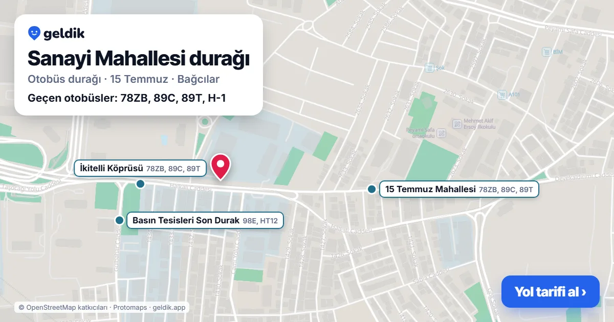 Sanayi Mahallesi otobüs durağı haritada: konumu ve yakındaki duraklar