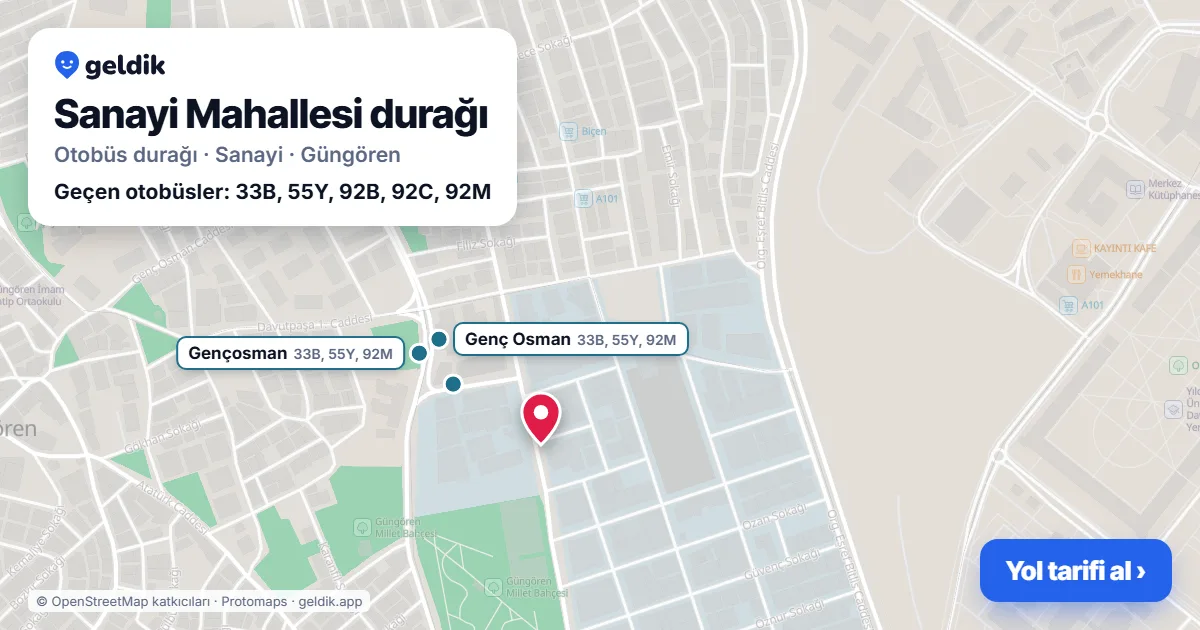 Sanayi Mahallesi otobüs durağı haritada: konumu ve yakındaki duraklar