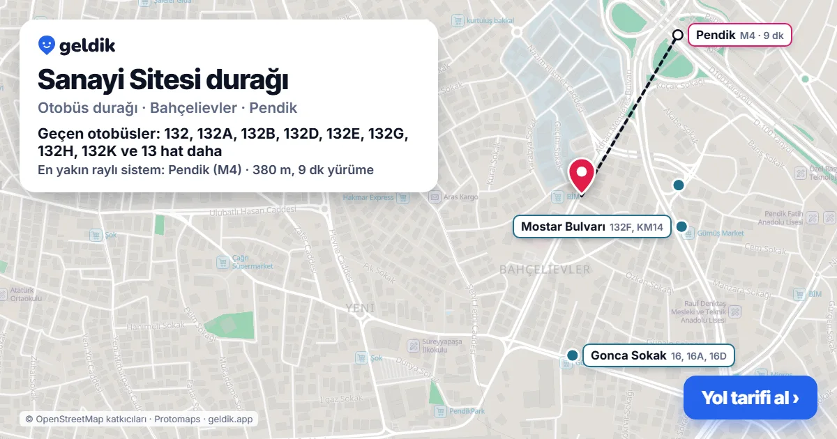 Sanayi Sitesi otobüs durağı haritada: konumu ve yakındaki duraklar