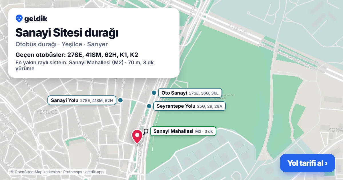 Sanayi Sitesi otobüs durağı haritada: konumu ve yakındaki duraklar