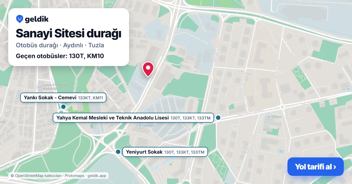 Sanayi Sitesi otobüs durağı haritada: konumu ve yakındaki duraklar
