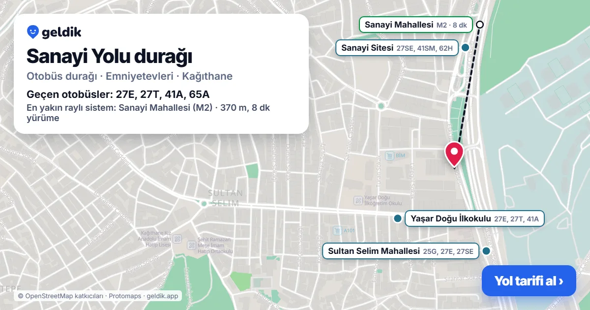 Sanayi Yolu otobüs durağı haritada: konumu ve yakındaki duraklar