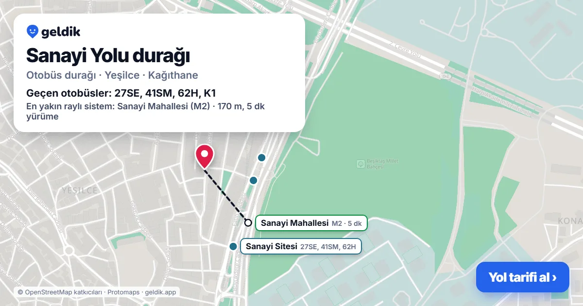 Sanayi Yolu otobüs durağı haritada: konumu ve yakındaki duraklar