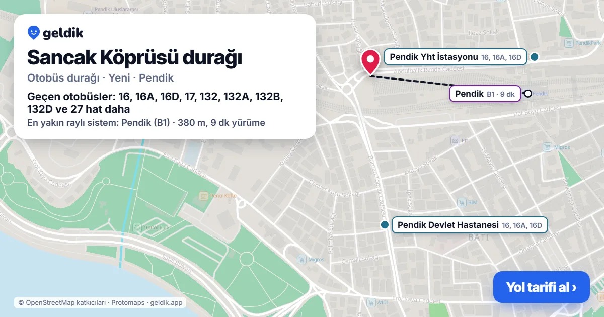 Sancak Köprüsü otobüs durağı haritada: konumu ve yakındaki duraklar