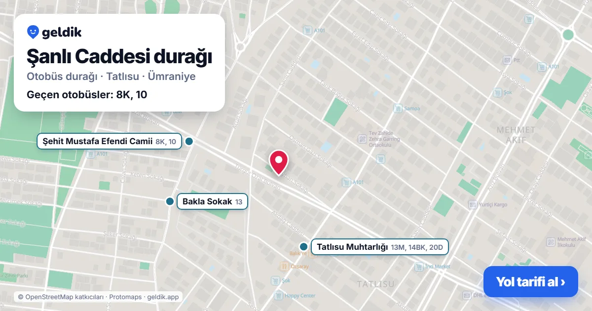 Şanlı Caddesi otobüs durağı haritada: konumu ve yakındaki duraklar