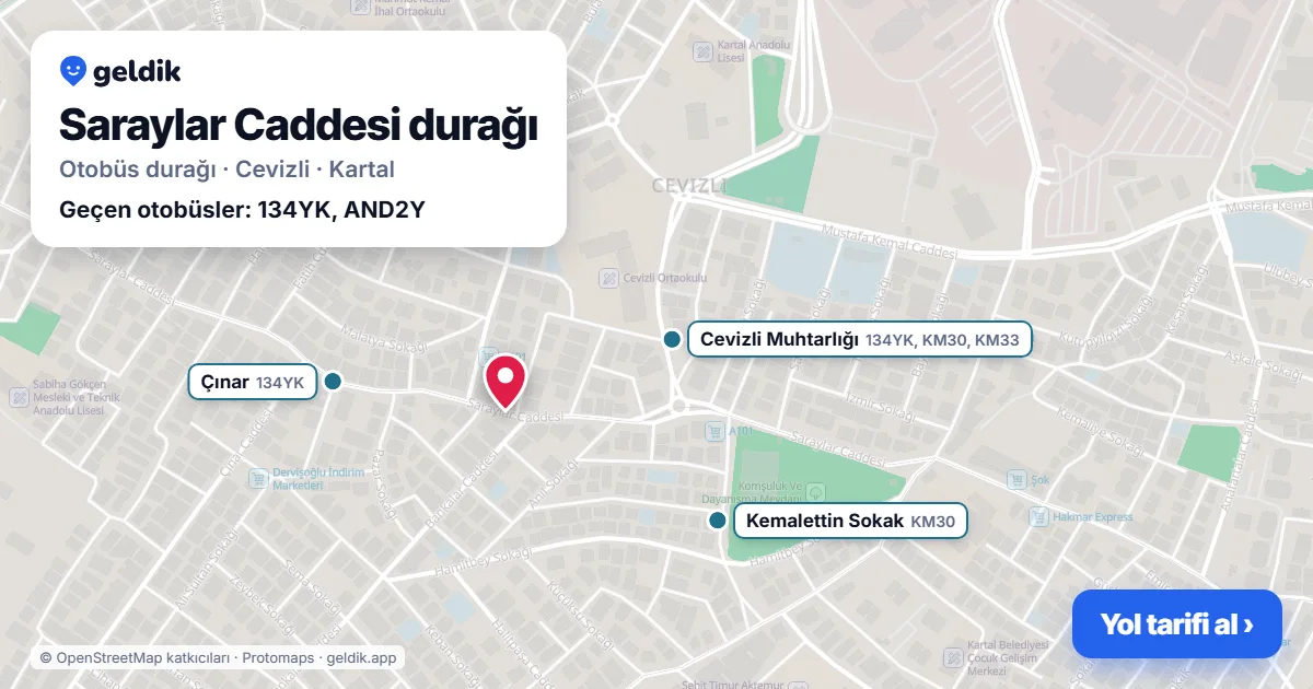 Saraylar Caddesi otobüs durağı haritada: konumu ve yakındaki duraklar