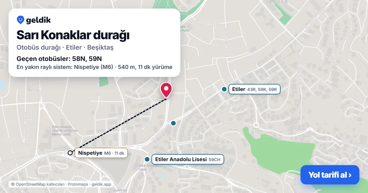 Sarı Konaklar otobüs durağı haritada: konumu ve yakındaki duraklar