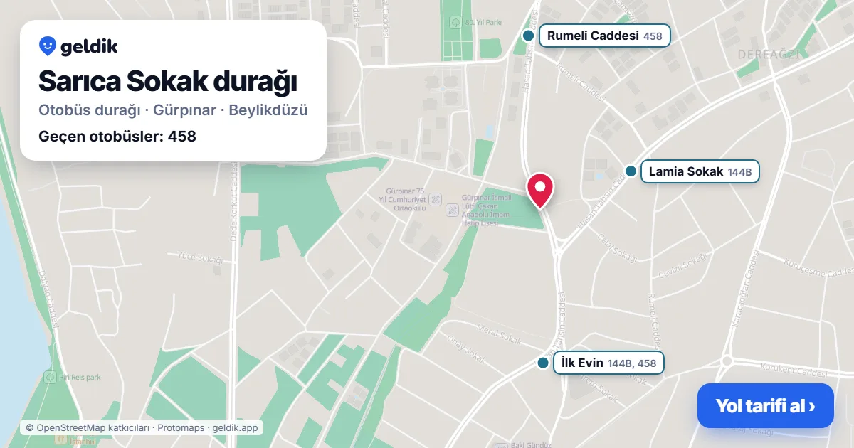 Sarıca Sokak otobüs durağı haritada: konumu ve yakındaki duraklar