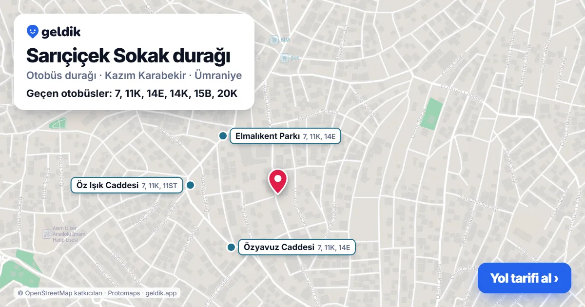 Sarıçiçek Sokak otobüs durağı haritada: konumu ve yakındaki duraklar