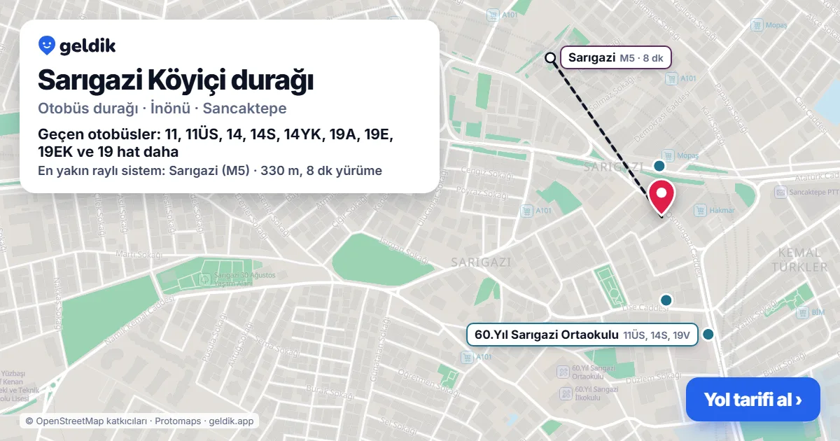 Sarıgazi Köyiçi otobüs durağı haritada: konumu ve yakındaki duraklar